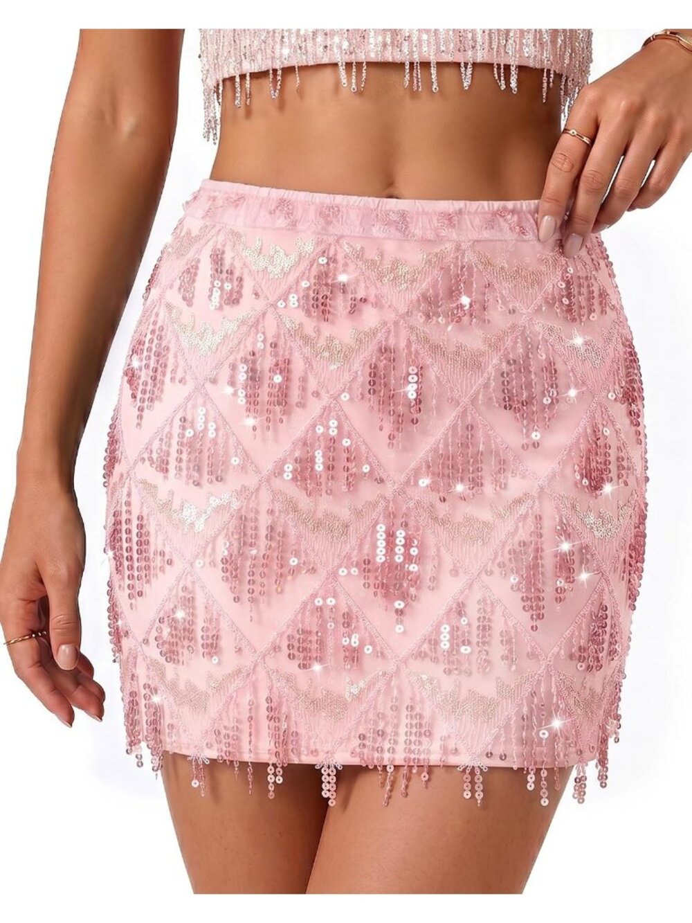 Women's Pink Polyester Glitter Shiny Sparkle Dance Rave Bodycon Mini Skirts